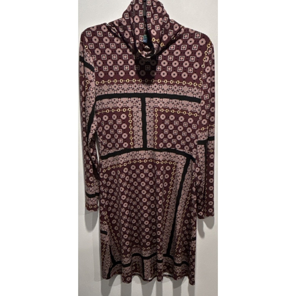 C Wonder Geometric Knit Turtleneck A-Line Dress Burgundy Pink L Long Sleeve